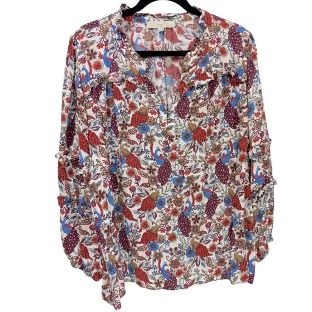 LOFT Womens Peacock Floral Ruffle Sleeve Henley Blouse Multicolor Top Size XL‎